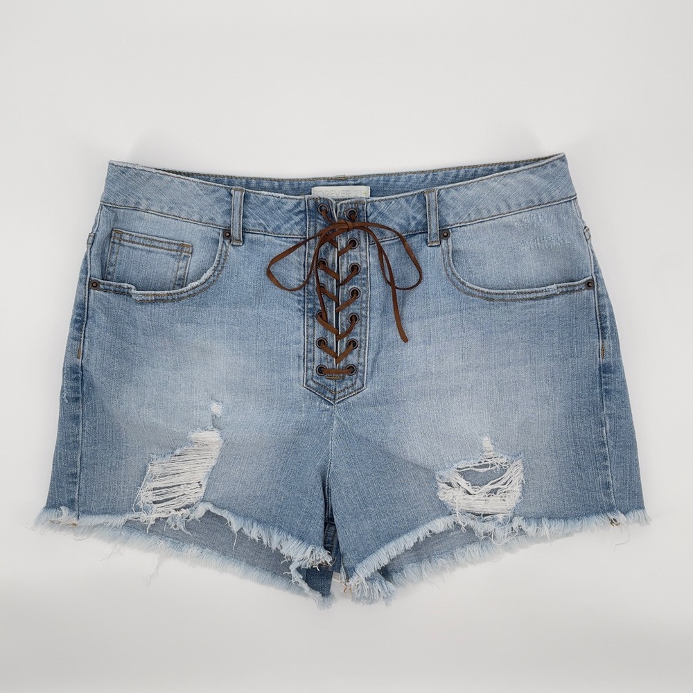 Y2K Forever 21 Lace-up Jean Shorts Women's Size 12 Light Blue Distressed Denim